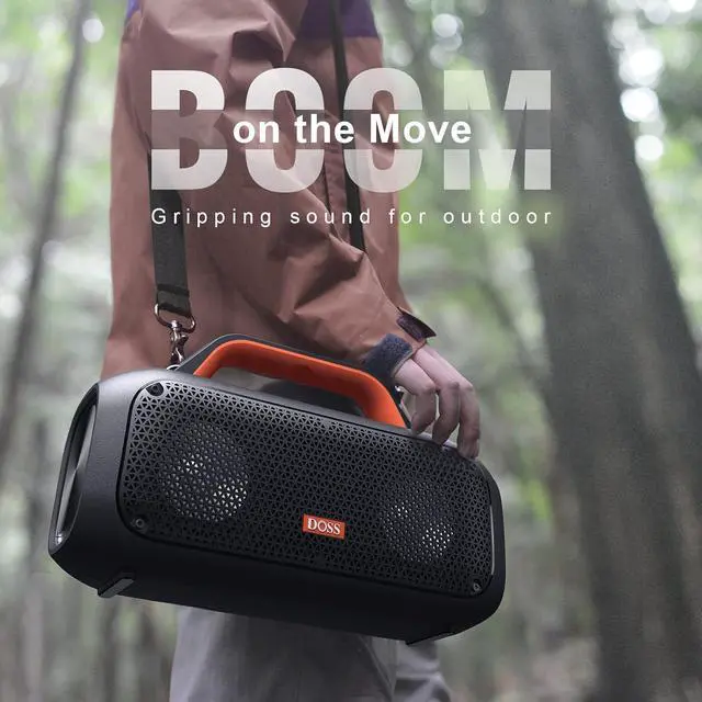 Alt view image 7 of 7 - DOSS Extreme Boom Bluetooth Outdoor Speaker with 60W Mighty Sound, Deep Bass, 30H Playtime, USB-C, Bluetooth 5.3, IPX6 Waterproof with Portable Strap for Camping, Beach, Garage-Orange
