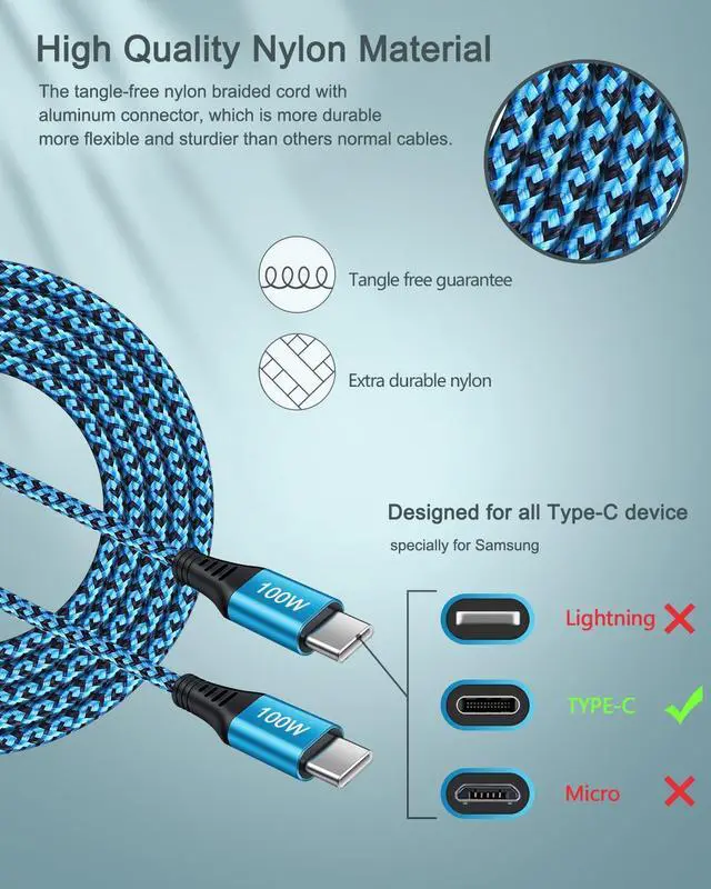 Alt view image 4 of 7 - 100W USB C Charger Cable [2Pack/6ft] PD 5A Super Fast Charging Type-C to Type-C Cable Braided USB C to C Cord for  Galaxy S25 S24 S23 Google Pixel 9 8 Pro iPhone 16 15Pro MacBook iPad Pro Air
