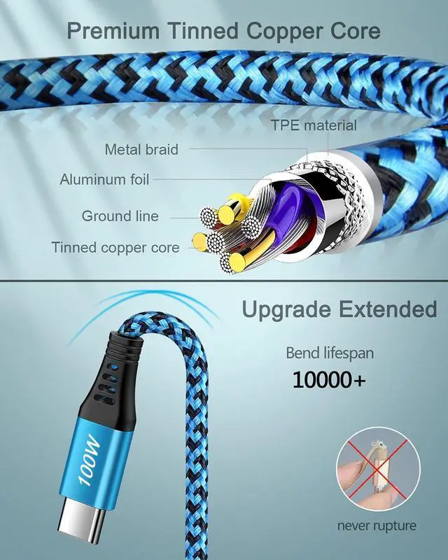Alt view image 5 of 7 - 100W USB C Charger Cable [2Pack/6ft] PD 5A Super Fast Charging Type-C to Type-C Cable Braided USB C to C Cord for  Galaxy S25 S24 S23 Google Pixel 9 8 Pro iPhone 16 15Pro MacBook iPad Pro Air
