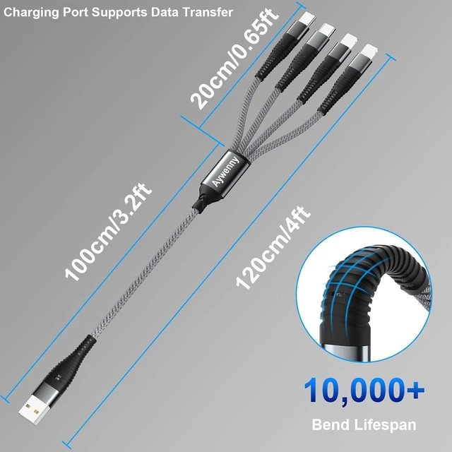 Alt view image 3 of 7 - Multi Charging Cable 2Pack Nylon Braided Universal 4 in 1 Multiple USB Cable 3A,with Dual Phone/USB-C/Micro-USB Port Adapter,Compatible with Cell Phones Tablets Universal Use (Grey.)