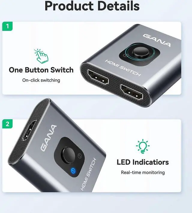 Alt view image 7 of 7 - HDMI Switch 4k@60hz Splitter, GANA Aluminum Bidirectional HDMI Switcher 2 in 1 Out, Manual HDMI Hub Supports HD Compatible with Xbox PS5/4/3 Blu-Ray Player Fire Stick Roku