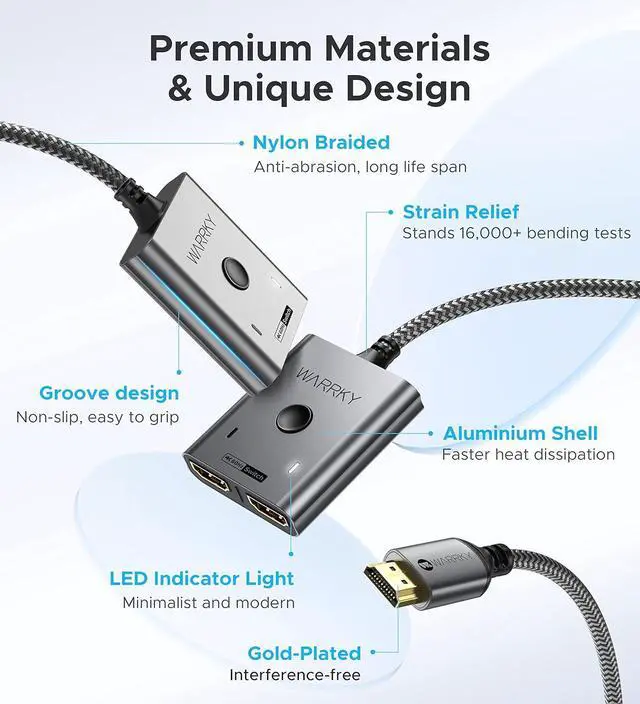 Alt view image 5 of 7 - HDMI Switch 2 in 1 Out 4K@60Hz, WARRKY 3.3ft Fixed Braided HDMI Cable, Aluminum Case, 2K@144Hz, HDCP 2.2 Bidirectional 2x1 Switcher Splitter UHD Compatible for PS5/4, Xbox, Roku, FireStick, Switch
