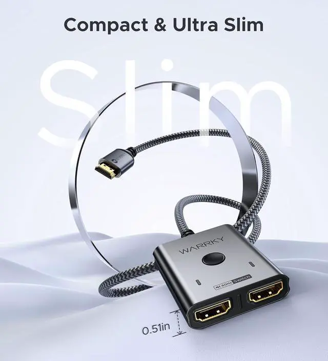 Alt view image 7 of 7 - HDMI Switch 2 in 1 Out 4K@60Hz, WARRKY 3.3ft Fixed Braided HDMI Cable, Aluminum Case, 2K@144Hz, HDCP 2.2 Bidirectional 2x1 Switcher Splitter UHD Compatible for PS5/4, Xbox, Roku, FireStick, Switch
