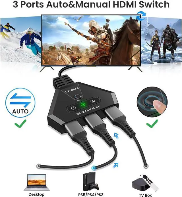 Alt view image 3 of 7 - HDMI Switch 4K HDMI Splitter, Automatic HDMI Switch 3 in 1 Out with Pigtail HDMI Cable, 3 Ports HDMI Switcher Support HDCP 2.2 Full HD 4K 1080P 3D for Fire Stick Apple TV PS5 PS4 Xbox PC