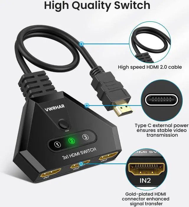 Alt view image 4 of 7 - HDMI Switch 4K HDMI Splitter, Automatic HDMI Switch 3 in 1 Out with Pigtail HDMI Cable, 3 Ports HDMI Switcher Support HDCP 2.2 Full HD 4K 1080P 3D for Fire Stick Apple TV PS5 PS4 Xbox PC