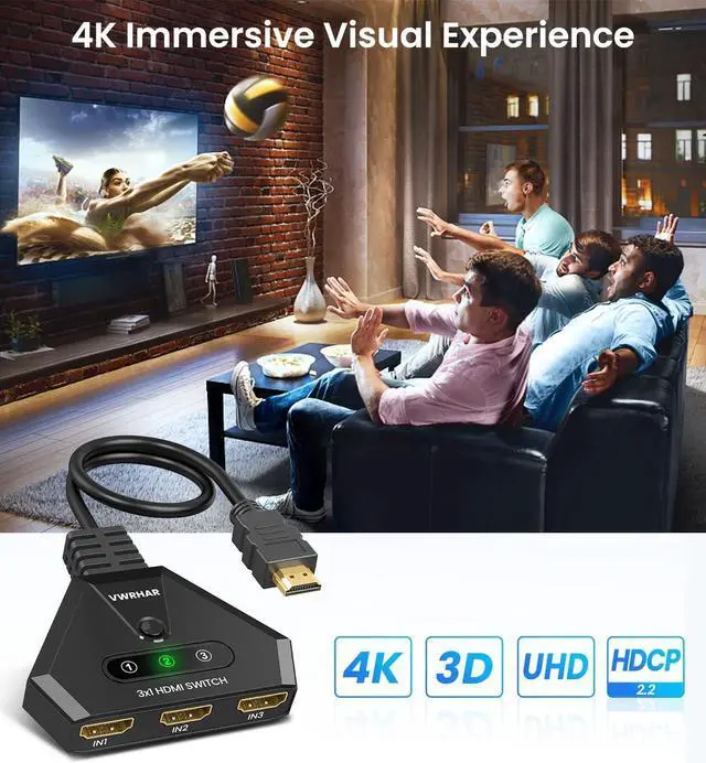 Alt view image 5 of 7 - HDMI Switch 4K HDMI Splitter, Automatic HDMI Switch 3 in 1 Out with Pigtail HDMI Cable, 3 Ports HDMI Switcher Support HDCP 2.2 Full HD 4K 1080P 3D for Fire Stick Apple TV PS5 PS4 Xbox PC