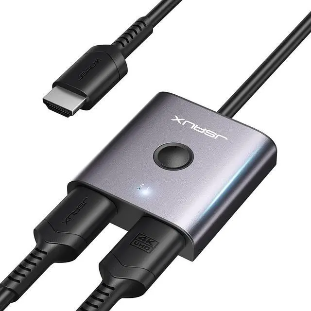 Main image of HDMI Switch 4K 60Hzwith 1.3FT HDMI Cable, JSAUX HDMI 2.0 Switcher 2 in 1 Out Aluminum Bi-Directional Splitter 2 x 1/1 x 2 UHD 3D Compatible for Switch, PS4, Roku, HDTV, Monitor -Grey