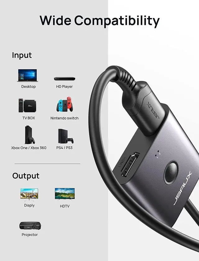 Alt view image 6 of 7 - HDMI Switch 4K 60Hzwith 1.3FT HDMI Cable, JSAUX HDMI 2.0 Switcher 2 in 1 Out Aluminum Bi-Directional Splitter 2 x 1/1 x 2 UHD 3D Compatible for Switch, PS4, Roku, HDTV, Monitor -Grey