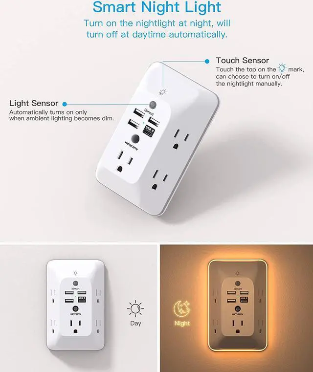 Alt view image 2 of 7 - Outlet Extender with Night Light, HANYCONY Multi Plug Outlet, USB Wall Charger Surge Protector 4 USB Ports(1 USB C), Power Strip Electrical Outlet Splitter Expander for Home Office Dorm Room, ETL