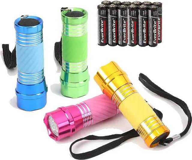 Main image of EverBrite 4-Pack Mini LED Aluminum Flashlight Party Favors Colors Assorted for Hurricane Supplies with Handle Glow in Dark