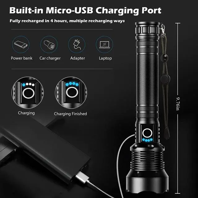 Alt view image 4 of 7 - BERCOL Rechargeable LED Flashlights High Lumens, Super Bright 150000 Lumens Flashlight with 5 Modes & Waterproof, Powerful 10000mAh High Capacity Flash Light for Camping Emergencies - 2 Pack