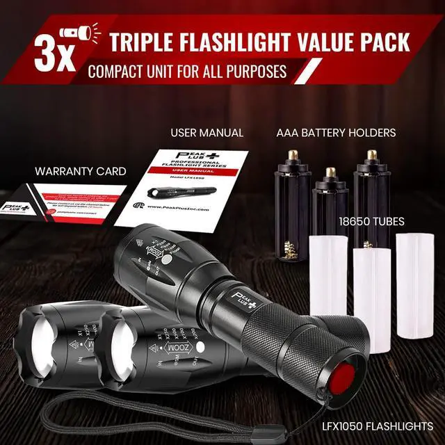 Alt view image 2 of 6 - PeakPlus LED Tactical Flashlights High Lumens, Zoomable, 5 Modes Bright LED Flashlights for Emergencies, Camping, Outdoor LED Flash Lights Battery Powered, Handheld Flashlights (3 Pack) LFX1050
