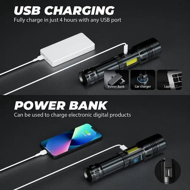 Alt view image 4 of 7 - Rechargeable Led Flashlights High Lumens: 990,000 Lumen Super Bright Flashlight, 7 Modes with COB Work Light, IPX6 Waterproof, Powerful Handheld Flash Light for Home, Camping, Hiking