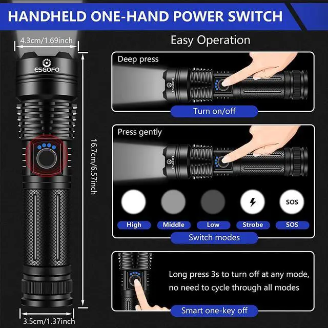 Alt view image 5 of 7 - Flashlights High Lumens Rechargeable 2000 Lumens Super Bright Handheld LED Flash Light Powerful Emergency Linternas Waterproof Long Lasting for Hiking Camping Gift