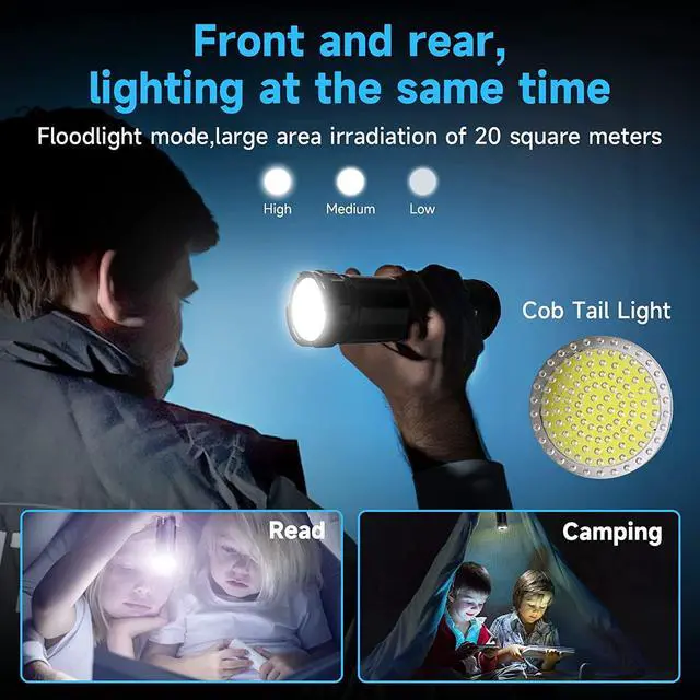 Alt view image 4 of 7 - Father's Day 3000 Lumens Rechargeable Tactical Flashlight with COB Work Light, Super Bright High-Powered Handheld for Emergencies, Camping, Hiking - Perfect for Dad