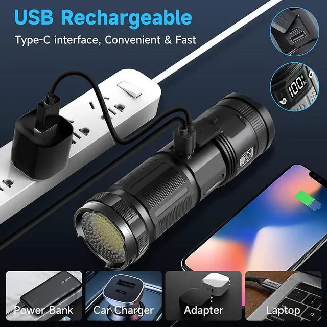 Alt view image 5 of 7 - Father's Day 3000 Lumens Rechargeable Tactical Flashlight with COB Work Light, Super Bright High-Powered Handheld for Emergencies, Camping, Hiking - Perfect for Dad