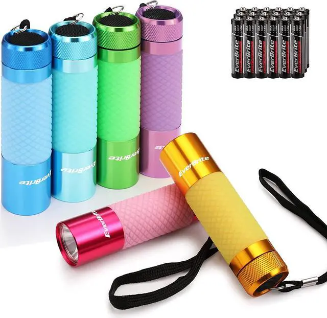 Main image of EverBrite 6-Pack Mini Flashlights, Glow in Dark Flashlights, Aluminum LED Flashlights Party Favors Assorted Colors for Camping, Hiking, Indoor, 18XAAA Batteries Included