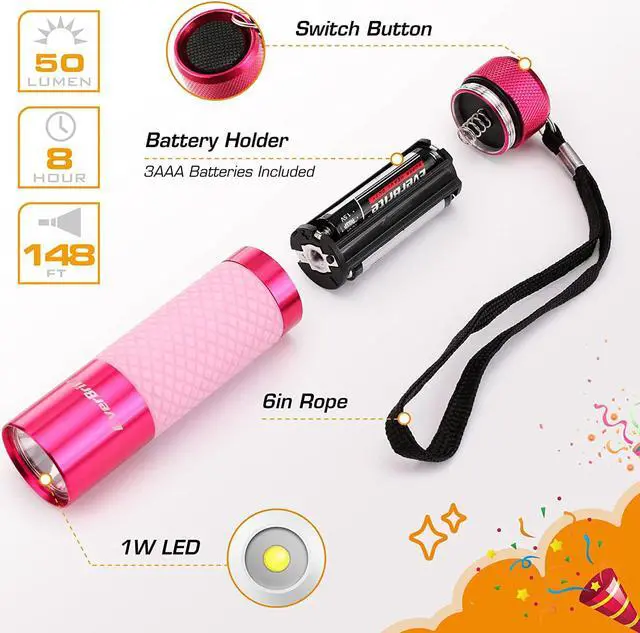 Alt view image 6 of 7 - EverBrite 6-Pack Mini Flashlights, Glow in Dark Flashlights, Aluminum LED Flashlights Party Favors Assorted Colors for Camping, Hiking, Indoor, 18XAAA Batteries Included