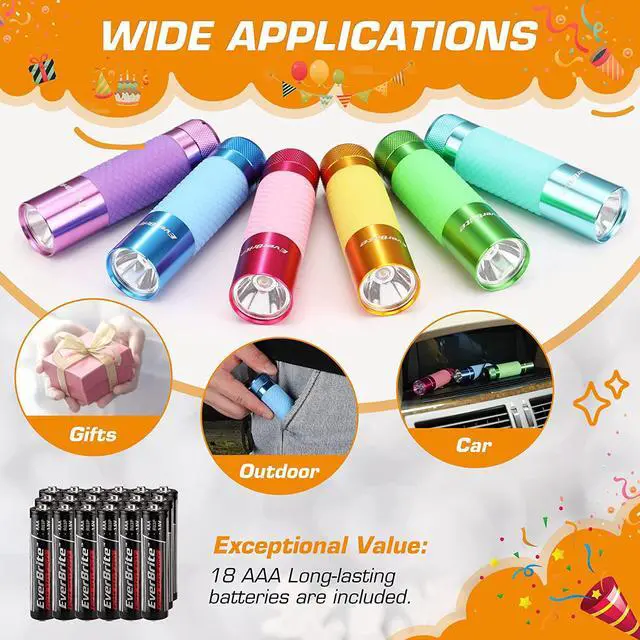 Alt view image 7 of 7 - EverBrite 6-Pack Mini Flashlights, Glow in Dark Flashlights, Aluminum LED Flashlights Party Favors Assorted Colors for Camping, Hiking, Indoor, 18XAAA Batteries Included