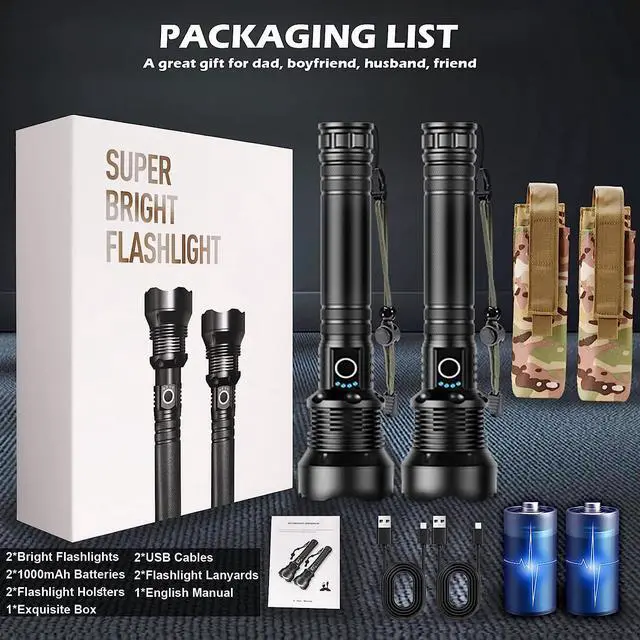 Alt view image 7 of 7 - BERCOL Rechargeable LED Flashlights High Lumens, Super Bright 150000 Lumens Flashlight with 5 Modes & Waterproof, Powerful 10000mAh High Capacity Flash Light for Camping Emergencies - 2 Pack