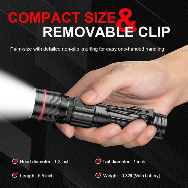 Alt view image 2 of 7 - WdtPro Rechargeable Flashlights (Battery Included), LED Tactical Flashlight with Clip, Portable Dual-Switch, 2000 High Lumen Super Bright Flashlight for Gift, Camping, Emergency