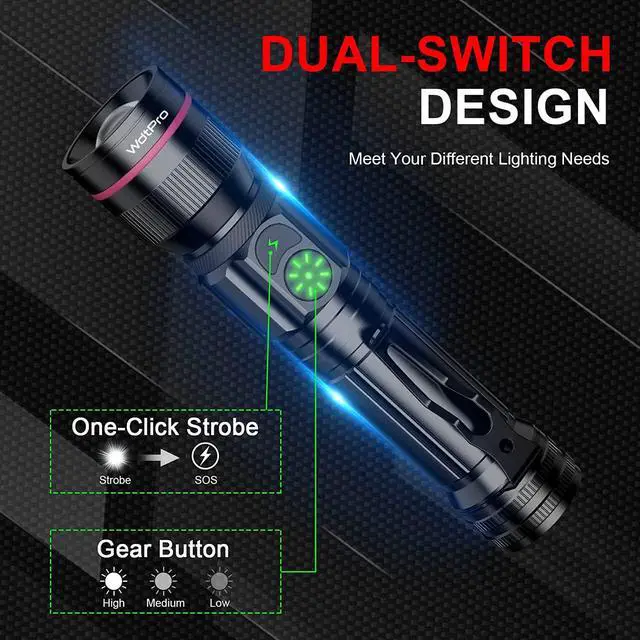 Alt view image 4 of 7 - WdtPro Rechargeable Flashlights (Battery Included), LED Tactical Flashlight with Clip, Portable Dual-Switch, 2000 High Lumen Super Bright Flashlight for Gift, Camping, Emergency