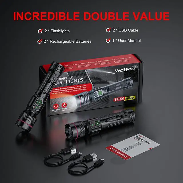 Alt view image 7 of 7 - WdtPro Rechargeable Flashlights (Battery Included), LED Tactical Flashlight with Clip, Portable Dual-Switch, 2000 High Lumen Super Bright Flashlight for Gift, Camping, Emergency