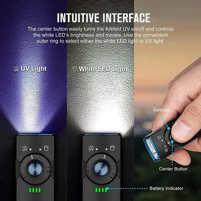 Alt view image 3 of 7 - Arkfeld UV Rechargeable EDC Flashlight, 1000 Lumens White LED and 365nm Blacklight Combo for Outdoors, Emergency, Working, Pet Urine Detection (Black CW)