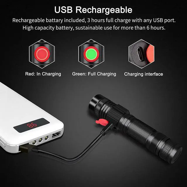 Alt view image 6 of 7 - LED Flashlight Rechargeable USB 2000 High Lumens Small and Bright Pocket Flashlights Focus Adjustable Water Resistant Handheld Flash Light for Camping Outdoor Emergency