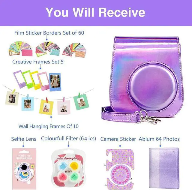 Alt view image 2 of 6 - WOGOZAN for Fujifilm Instax Mini 11 Instant Kids Camera Custom Case Accessories Bundle + Color Filters, Photo Album, Assorted Frames, Selfie Lens + More (Magic Purple), Welcome to consult