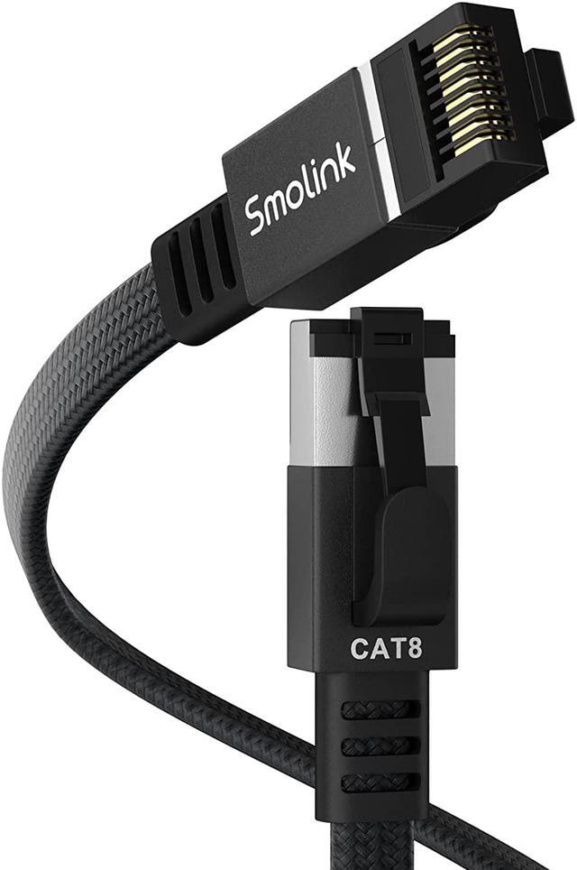 Main image of Smolink Cat 8 Flat Ethernet Cable 100 ft, Nylon Braided High Speed Network Cable LAN Cable Patch Cord, 40Gbps 2000Mhz SFTP RJ45 Internet Cable, Indoor&Outdoor for Modem Router Gaming - Black