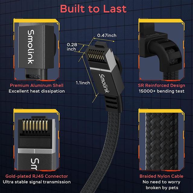 Alt view image 5 of 7 - Smolink Cat 8 Flat Ethernet Cable 100 ft, Nylon Braided High Speed Network Cable LAN Cable Patch Cord, 40Gbps 2000Mhz SFTP RJ45 Internet Cable, Indoor&Outdoor for Modem Router Gaming - Black