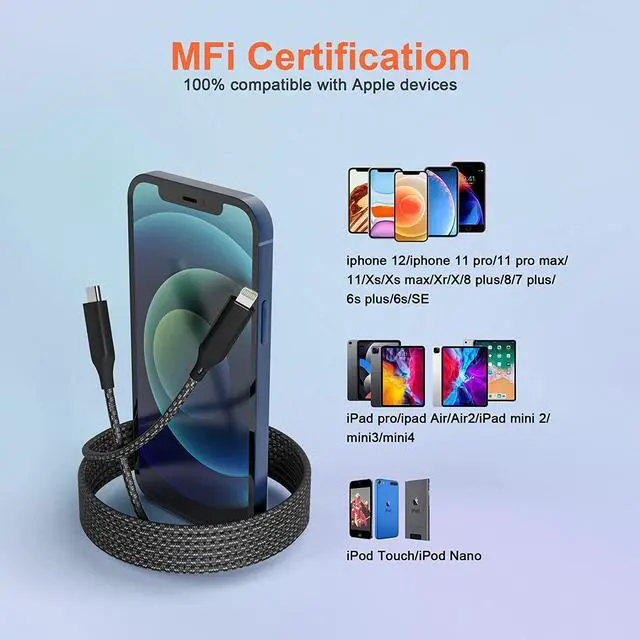 Alt view image 5 of 7 - Extra Long USB C to Lightning Cable 20Ft/6M [Apple MFi Certified] iPhone Fast Charger Cable USB-C Power Delivery Fast Charging Cord 3A (max) for iPhone 13/12/11/XS/X/8