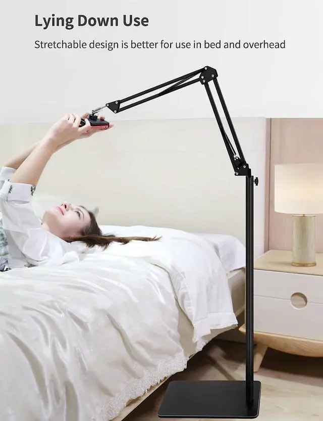 Alt view image 2 of 6 - Tablet Floor Stand with Double Weight Base Overhead Bed Phone Mount Height Adjustable Arm Stretchable Stand Holder Compatible with iPad Mini Air Pro Galaxy Tab Kindle Switch Cell Phones