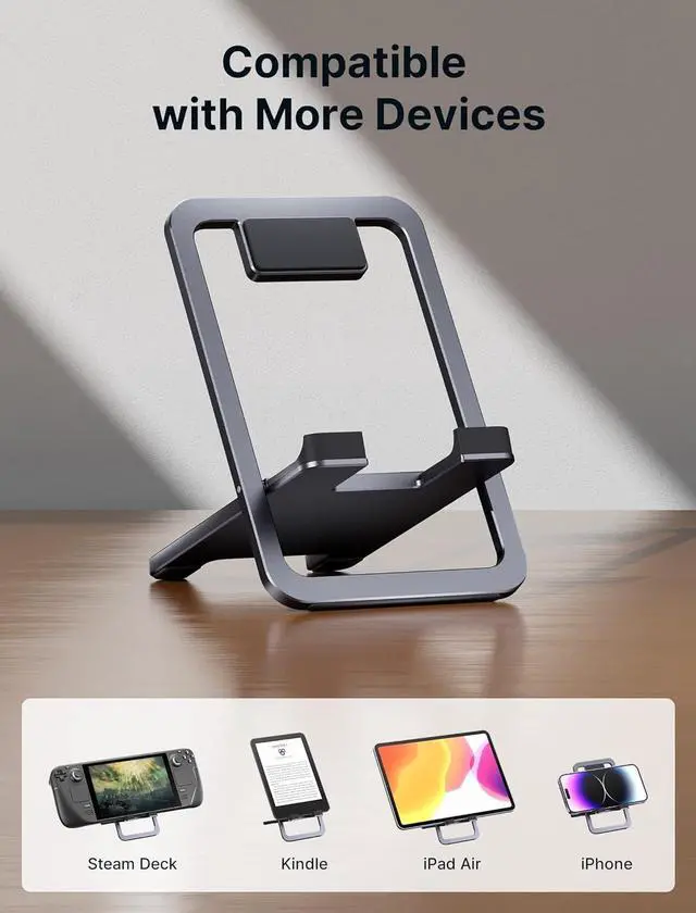 Alt view image 7 of 7 - Universal Tablet Stand Portable Foldable Tablet Holder for Desk Compatible with iPad mini/Air  Galaxy Tab Kindle Fire Steam Deck Switch 2 ROG Ally iPhone and Other Tablets-Gray