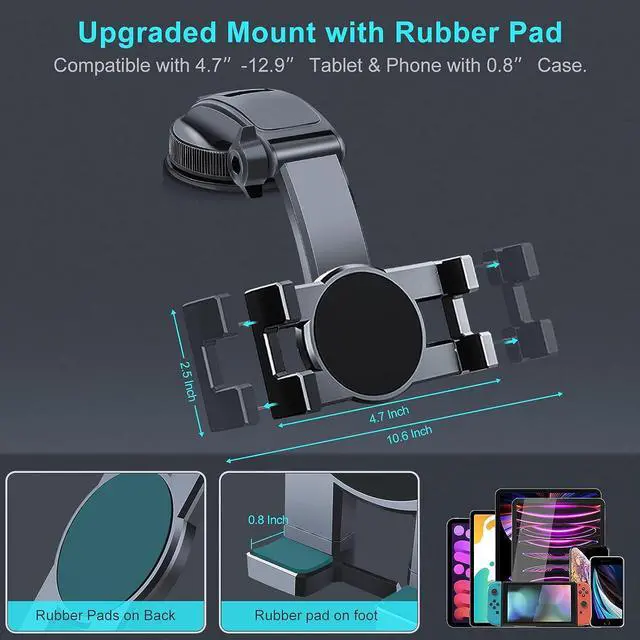 Alt view image 3 of 7 - Car Dashboard Tablet Mount Holder 360 Rotatable Suction Cup with Large Clamp Dash Phone Stand for iPad Pro 12.9/9.7/11/10.5/Air/Mini 6 5 4 3 Samsung Galaxy Tab iPhone 14/13 4.7-12.9 Tab & Phone