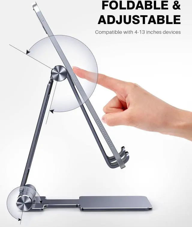 Alt view image 4 of 6 - Tablet Stand Adjustable Tablet Holder for Desk Foldable Aluminium for iPad Stand Dock Holder for iPad Air 5/4/Mini 6/Mini 5/10.2/Pro 12.9/Pro 11 Portable Monitor Surface (4-13 inch)-Grey