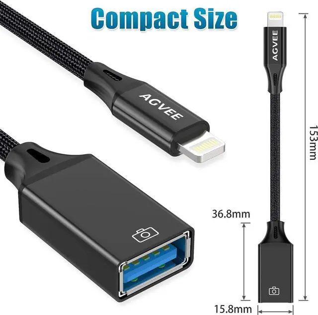 Alt view image 7 of 7 - 4 inch Lightning to USB Female Camera Adapter OTG Cable for iPhone iPad to Connect Card Reader USB Flash Drive MIDI Keyboard Mouse Hubs Plug & Play Black