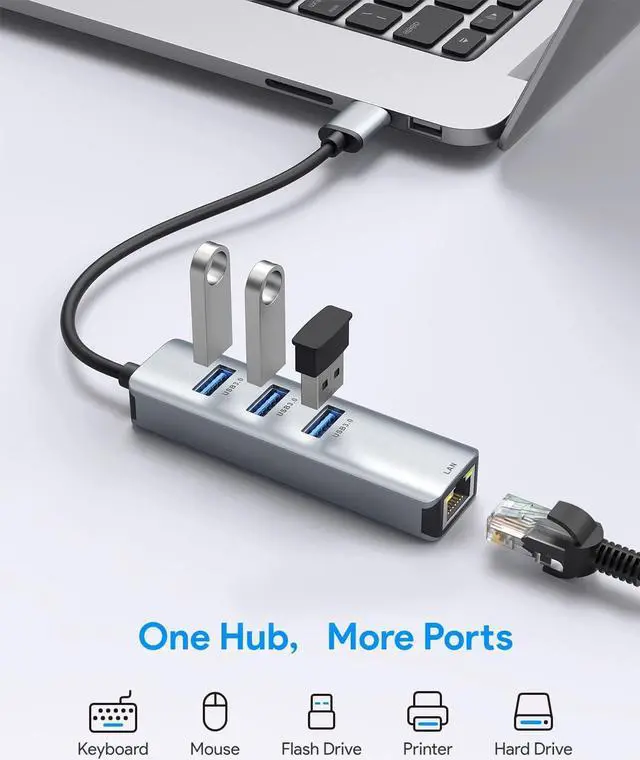 Alt view image 2 of 7 - USB 3.0 to Ethernet Adapter 3-Port USB 3.0 Hub with RJ45 10/100/1000 Gigabit Ethernet Adapter Support Windows 10 8.1 Mac OS Surface Pro Linux Chromebook and More