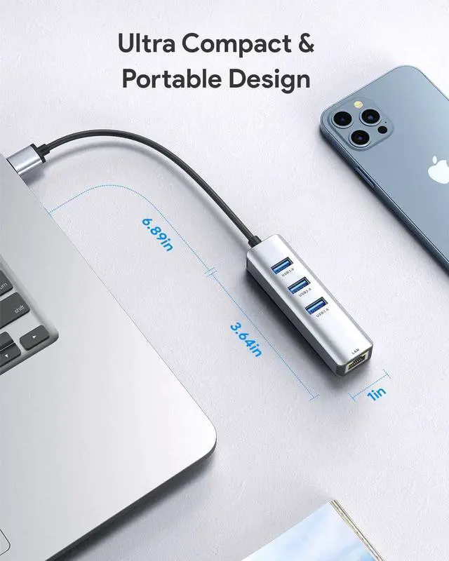 Alt view image 6 of 7 - USB 3.0 to Ethernet Adapter 3-Port USB 3.0 Hub with RJ45 10/100/1000 Gigabit Ethernet Adapter Support Windows 10 8.1 Mac OS Surface Pro Linux Chromebook and More