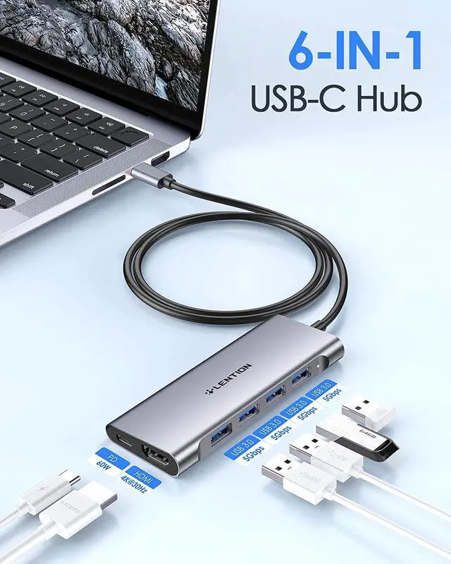 Alt view image 2 of 6 - 3.3FT Long Cable USB C Multiport Hub with 4K HDMI 4 USB 3.0 Type C Charging Compatible 2024-2016 MacBook Pro New Mac Air/iMac/Mac Mini More Stable Driver Adapter (C35-1M Space Gray)