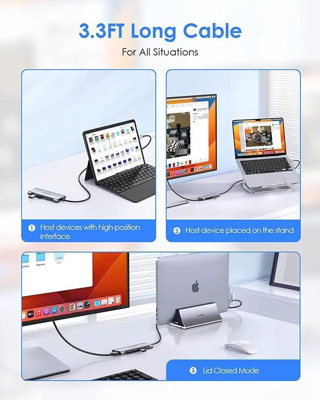 Alt view image 3 of 6 - 3.3FT Long Cable USB C Multiport Hub with 4K HDMI 4 USB 3.0 Type C Charging Compatible 2024-2016 MacBook Pro New Mac Air/iMac/Mac Mini More Stable Driver Adapter (C35-1M Space Gray)
