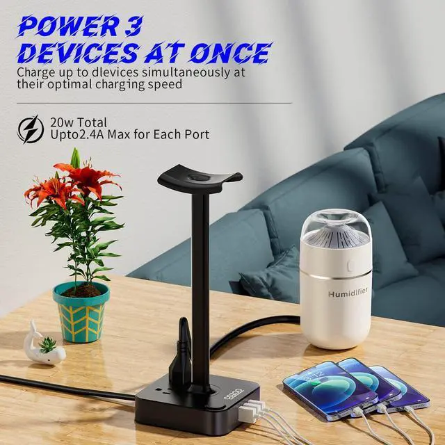 Alt view image 7 of 7 - cozoo Headphone Stand with USB Charger Desktop Gaming Headset Holder Hanger with 3 USB Charger and 2 Outlets - Suitable for Gaming, DJ, Wireless Earphone Display,Gaming Desk Accessories,Gifts for Him