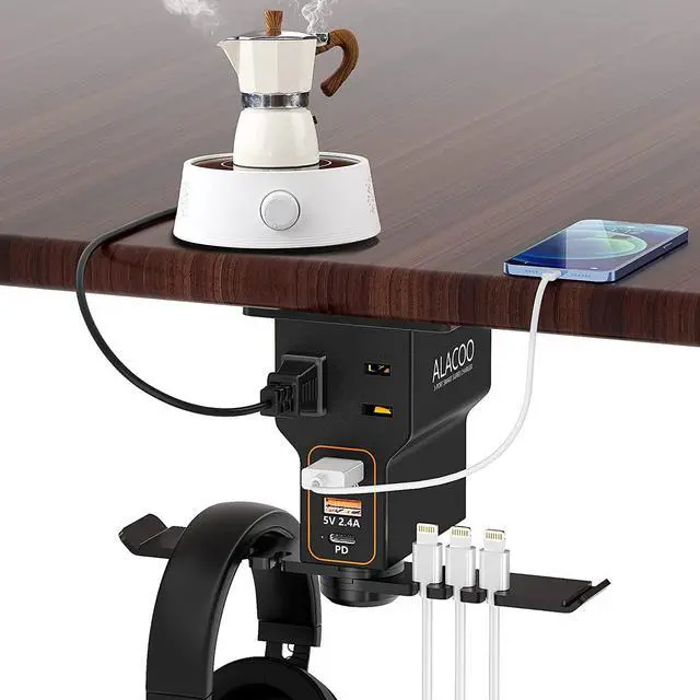 Alt view image 2 of 6 - Headphones Stand Headset Hanger with 3USB Charger 1 Type C + 2 USB A Charging Port 2 2-Prong AC Outlets Power Headphone Holder Hook Charging Station Under Desk for Gamer Gift Desk Gaming Accessories