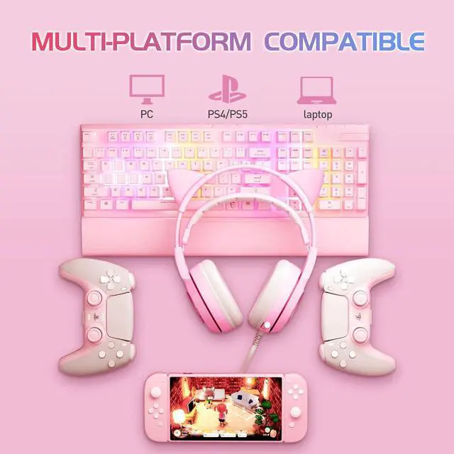 Alt view image 7 of 7 - SOMIC G951pink Gaming Headset for PC, PS4, PS5, Laptop, Cat Ear Headphone USB Gaming Headphones with Mic Noise Cancelling, LED Light, 7.1 Virtual Surround Sound for Girls, Women