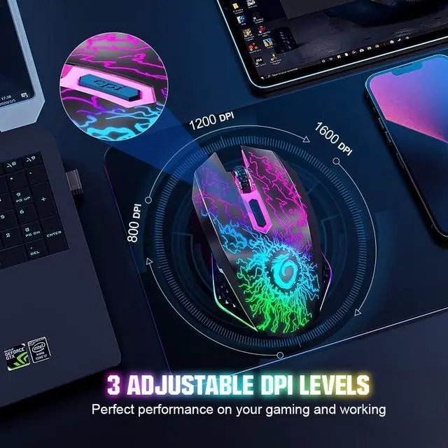 Alt view image 3 of 6 - VersionTECH. Wireless Gaming Mouse, Rechargeable Computer Mouse Mice with 7 LED Lights, 6 Programmable Buttons, 2.4G USB Nano Receiver 3 Adjustable DPI for Laptop PC Gamer Desktop Chromebook Mac-Black