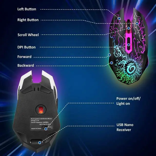 Alt view image 6 of 6 - VersionTECH. Wireless Gaming Mouse, Rechargeable Computer Mouse Mice with 7 LED Lights, 6 Programmable Buttons, 2.4G USB Nano Receiver 3 Adjustable DPI for Laptop PC Gamer Desktop Chromebook Mac-Black