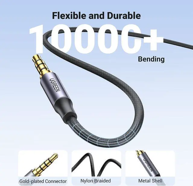 Alt view image 4 of 7 - 3.5mm Audio Cable Braided 4-Pole Hi-Fi Stereo TRRS Jack Shielded Male to Male AUX Cord Compatible with iPad  Phones Tablets Car Home Stereos Headphones Speaker 3FT