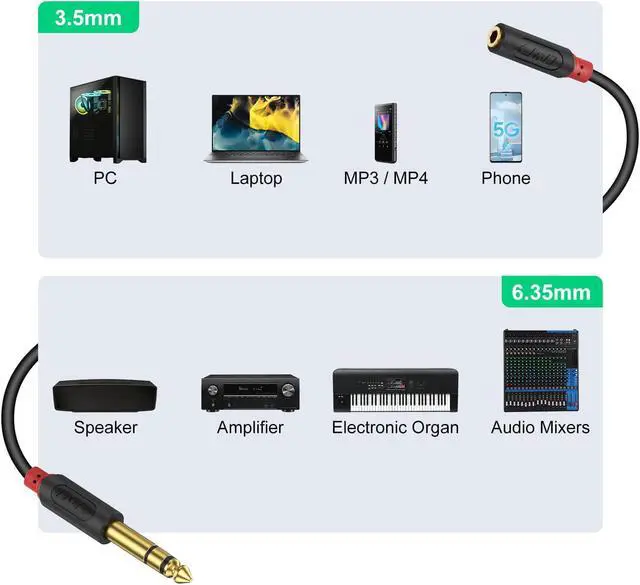 Alt view image 4 of 7 - 3.5mm to 1/4 Headphone Adapter Cable Gold Plated Audiowave Series 3.5mm 1/8 inch Female TRS to 6.35mm 1/4 inch Male TRS PVC Shelled Stereo Audio Cable for Mixer Guitar Piano Amplifier Speaker