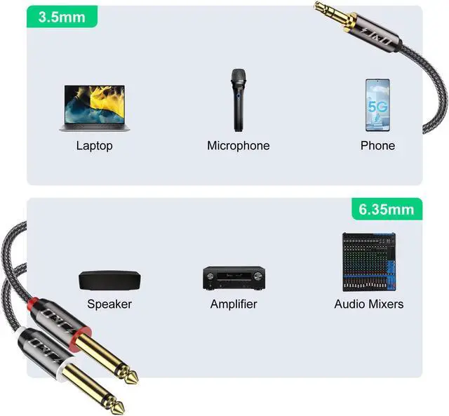Alt view image 4 of 7 - 3.5mm 1/8 inch TRS Male to Dual 6.35mm 1/4 inch TS Male Mono Stereo Y-Cable Splitter for Amplifiers/Audio Mixer/Audio Recorder/MP3/MP4 Nylon Braid Gold Plated Copper Shell 1.5 Feet